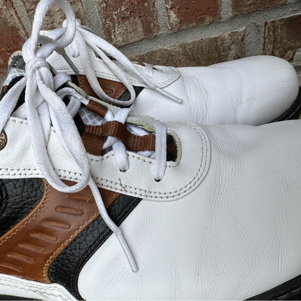 FJ FootJoy Men's Contour Leather Golf Shoes White Black Brown Size 12 Extra Wide - Picture 7 of 11